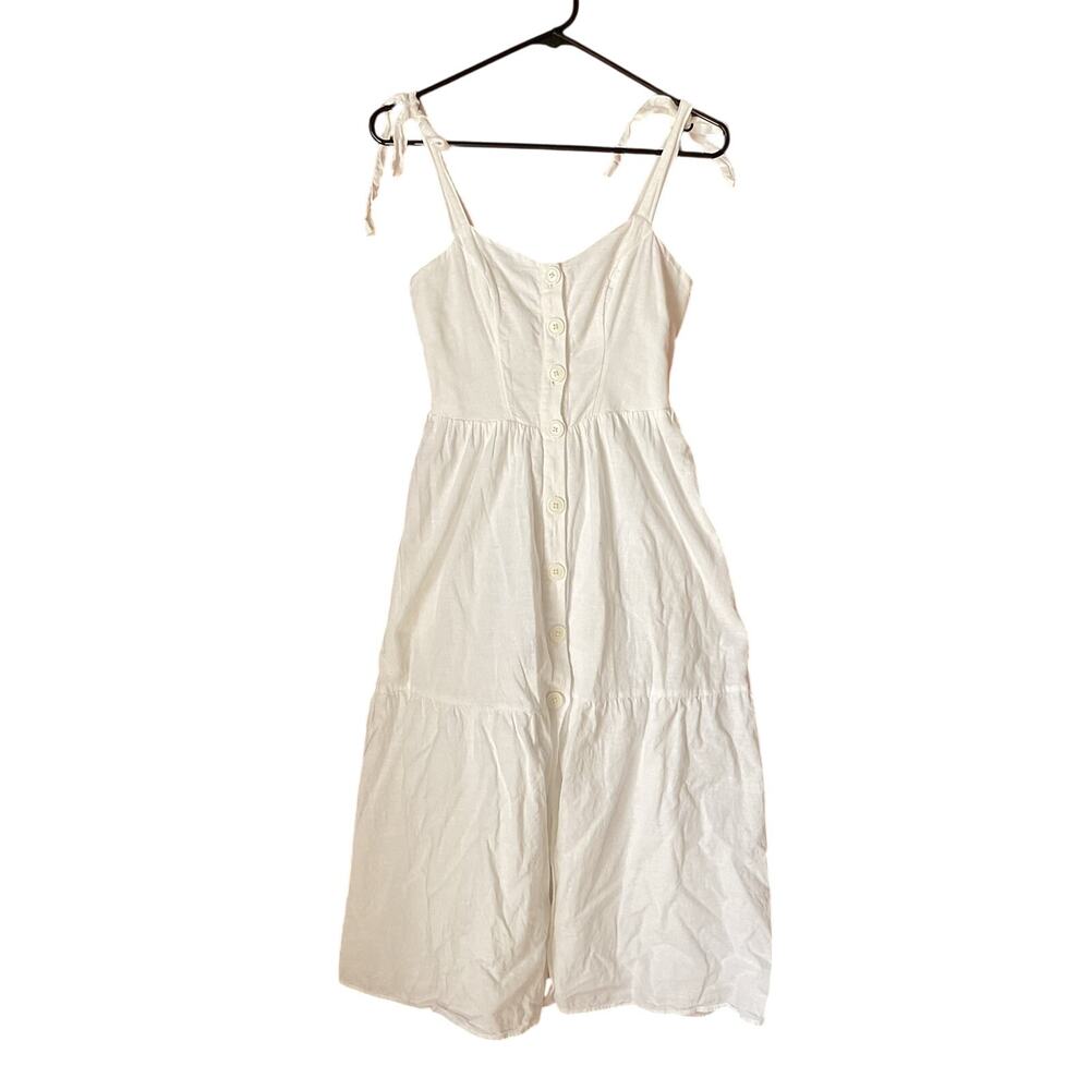 Urban Outfitters White Linen Blend Midi Dress Tie Strap Button Front Women’s S